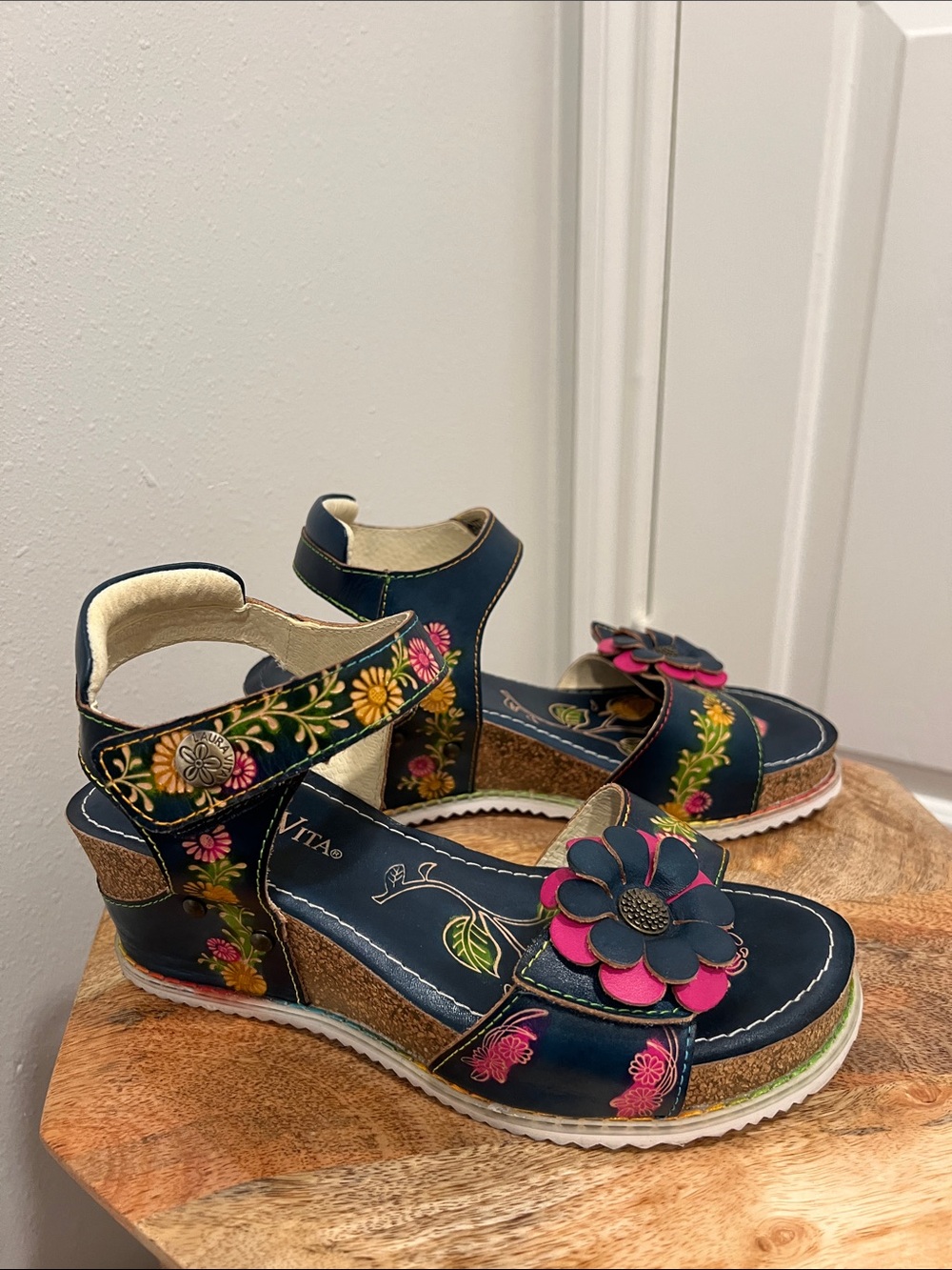 Laura Vita Avita Navy Floral Wedge Sandals with Pink Flower Accent. France